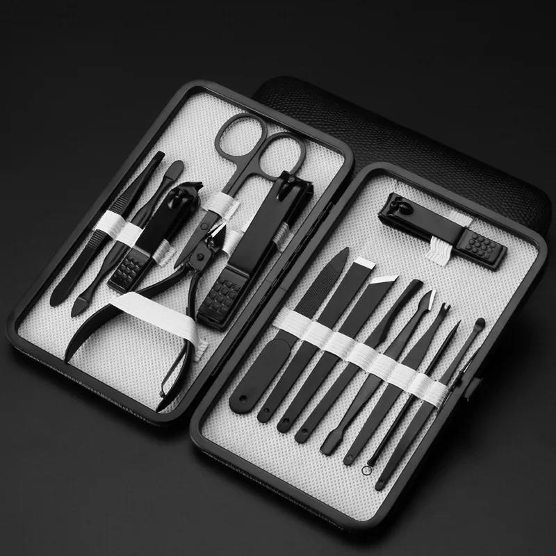 Professional 18 Piece Manicure and Pedicure Set Nail Clippers with Black Leather Travel Case Grooming Manicure Pedicure Set