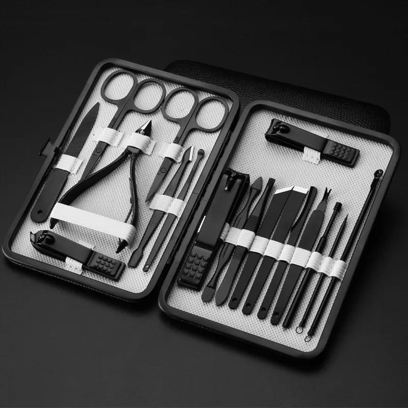Professional 18 Piece Manicure and Pedicure Set Nail Clippers with Black Leather Travel Case Grooming Manicure Pedicure Set