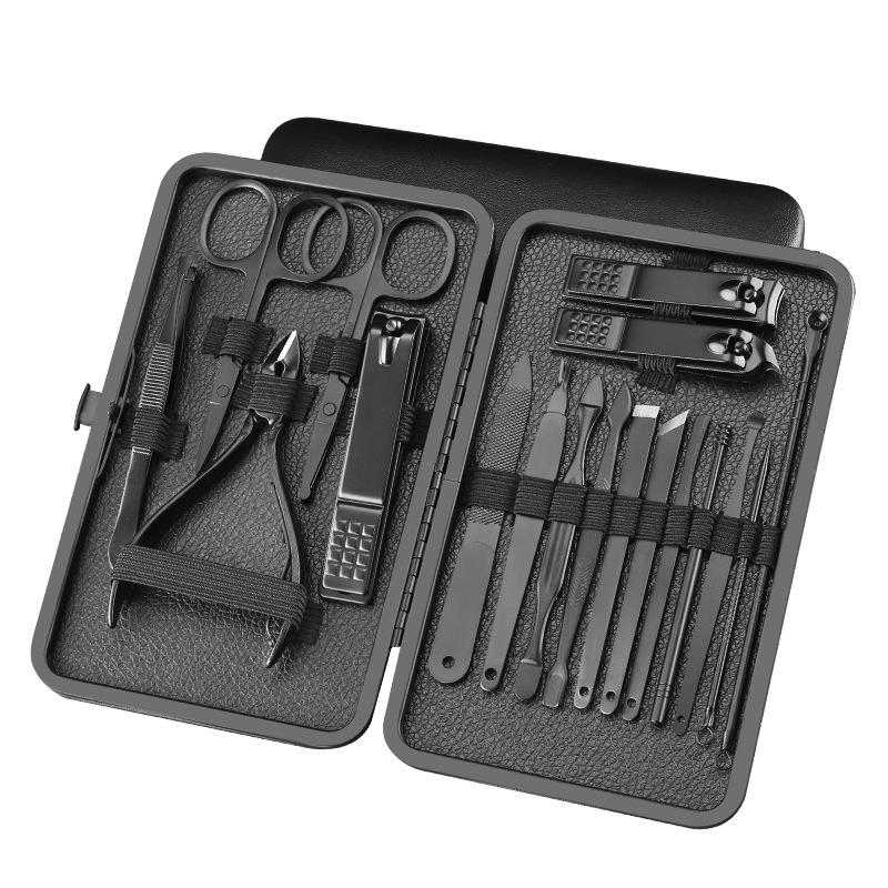 Professional 18 Piece Manicure and Pedicure Set Nail Clippers with Black Leather Travel Case Grooming Manicure Pedicure Set