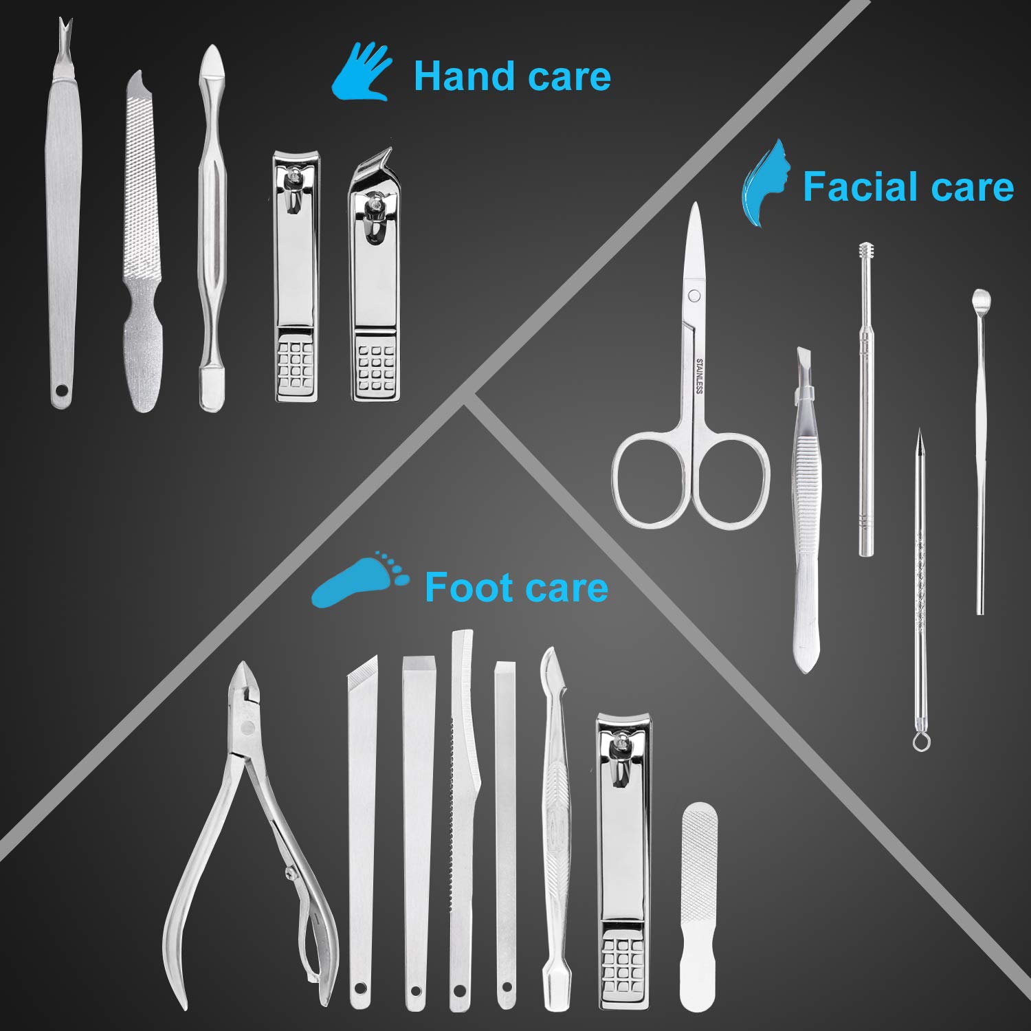 19 in 1 Professional Stainless Steel Nail Clipper Travel Grooming Kit Manicure & Pedicure Set Personal Care Tools