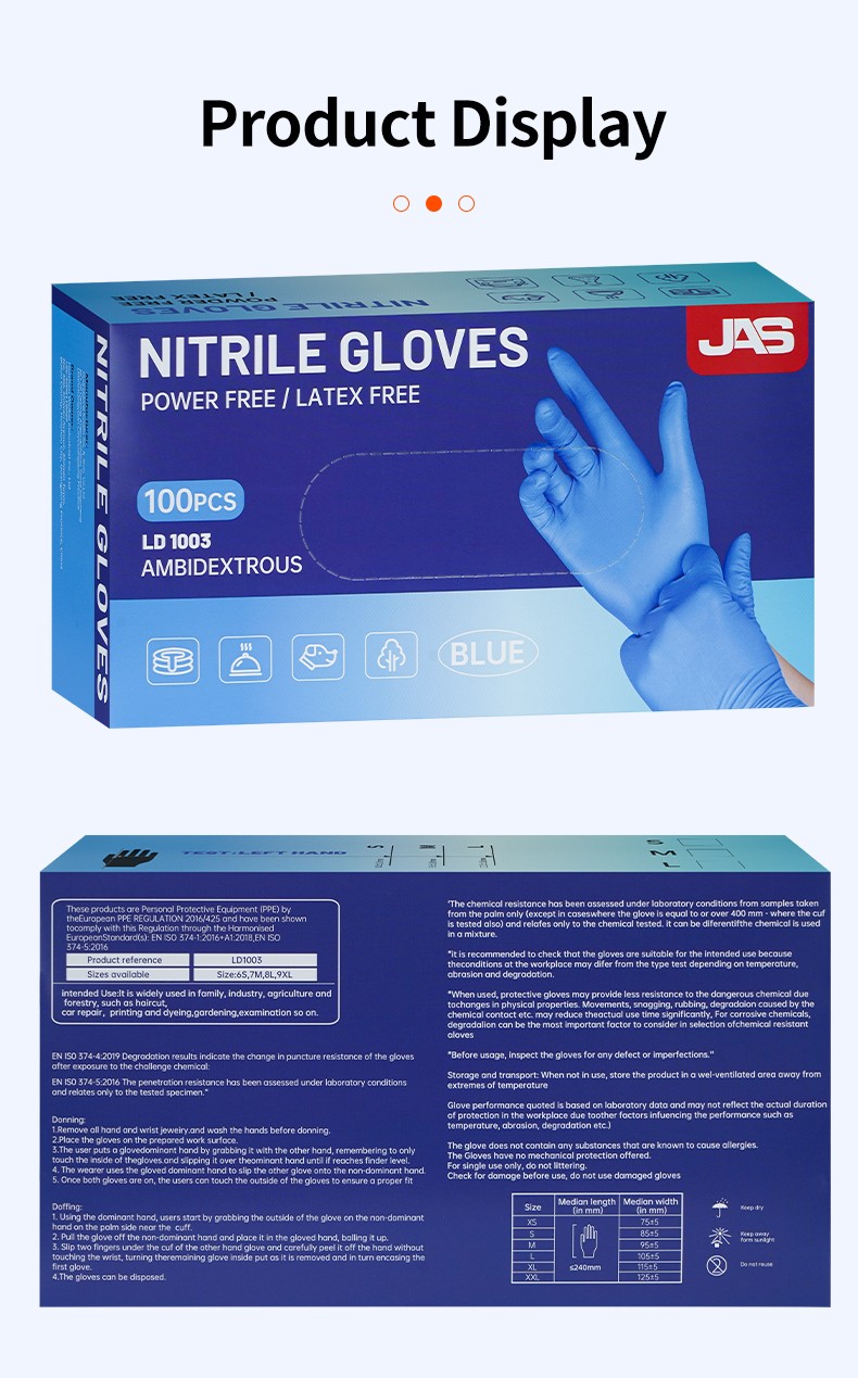 Blue powder free disposable nitrile gloves 100pcs 1 box 3mil for industrial use in food processing waterproof and oil resistant