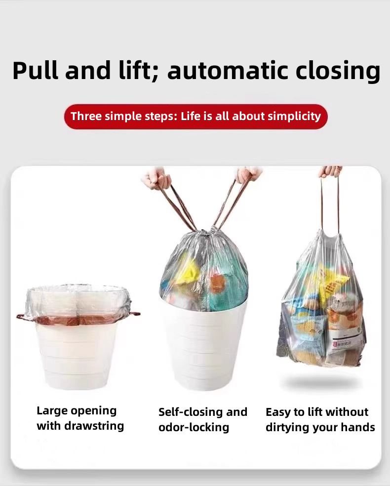 Thickened household garbage bags with drawstrings, available in multiple colors, suitable for office and kitchen use