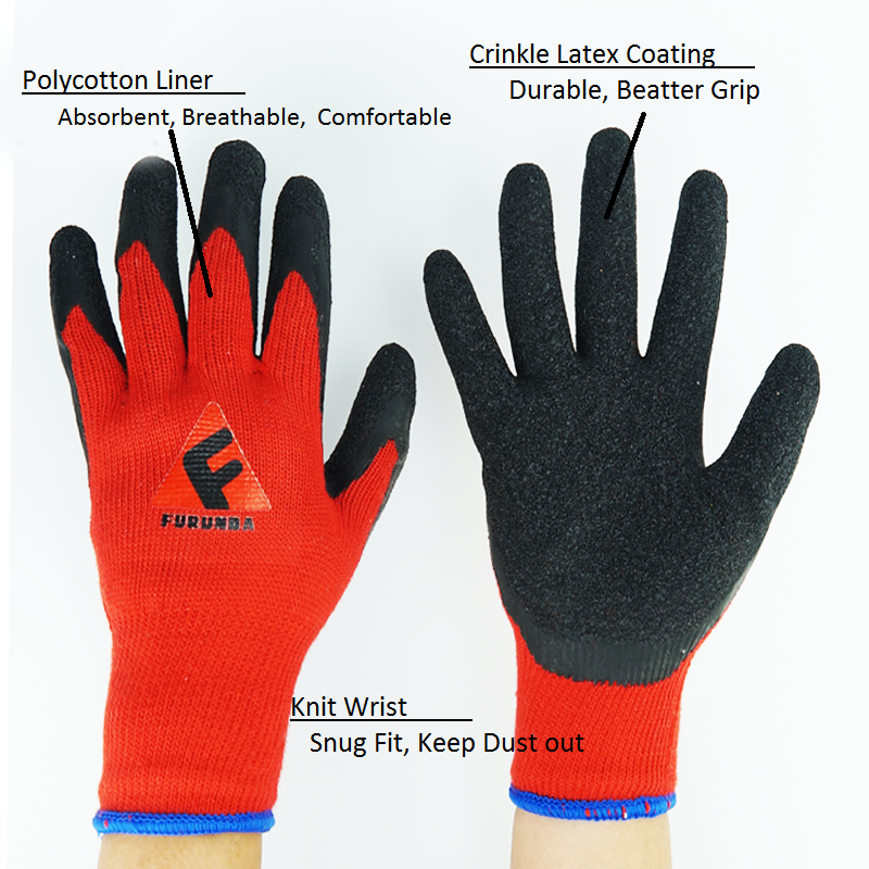 Construction Polyester 13G Latex Rubber Coated Red and Black Work Protective Gloves With Latex Coating
