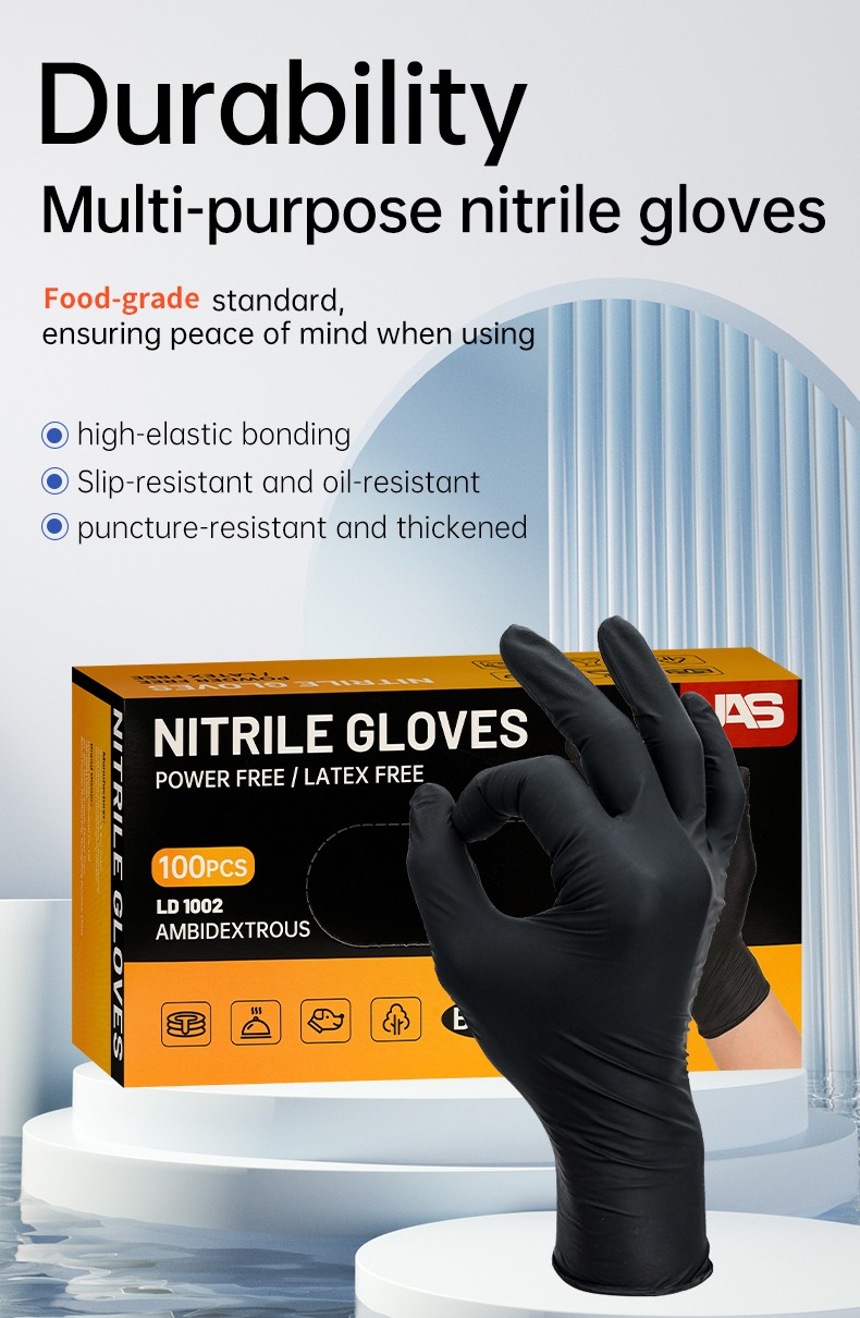 Disposable black nitrile gloves for mechanical maintenance kitchen food processing chef cooking waterproof and oil resistant